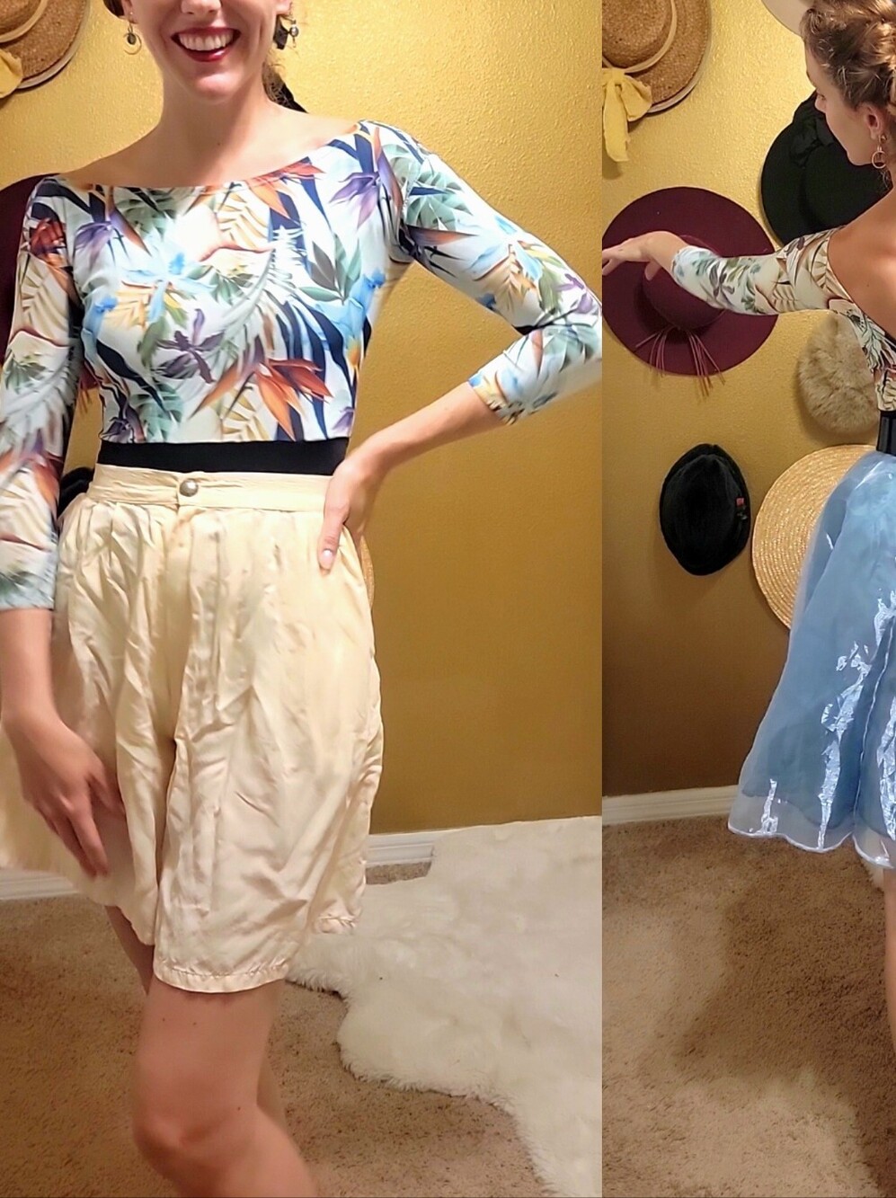 *Vintage High-waisted Silk, Cream Pleated Skort*
